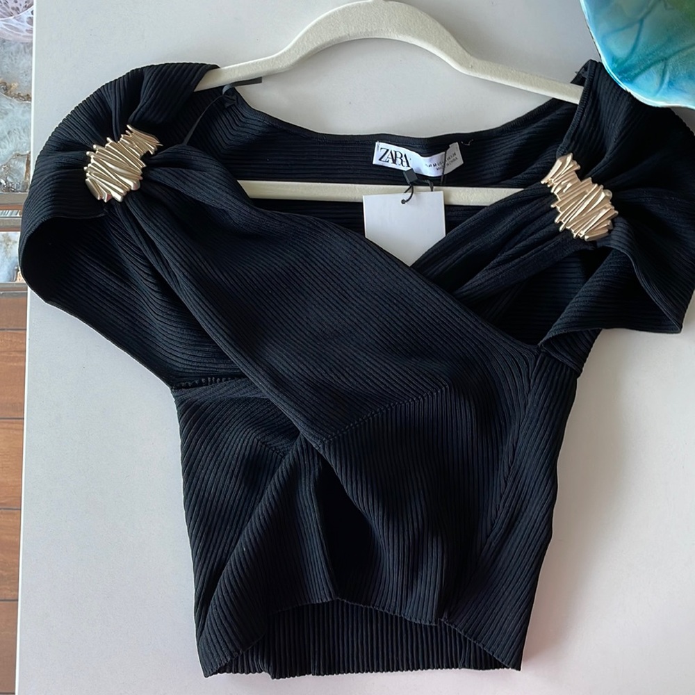 Zara Black Knit Golden Brooch Top